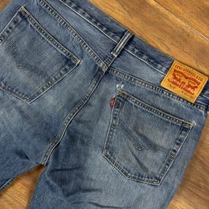 Levis 514 Straight Fit Jeans Mens 36 Medium Wash Blue Raw Hem Distressed Denim